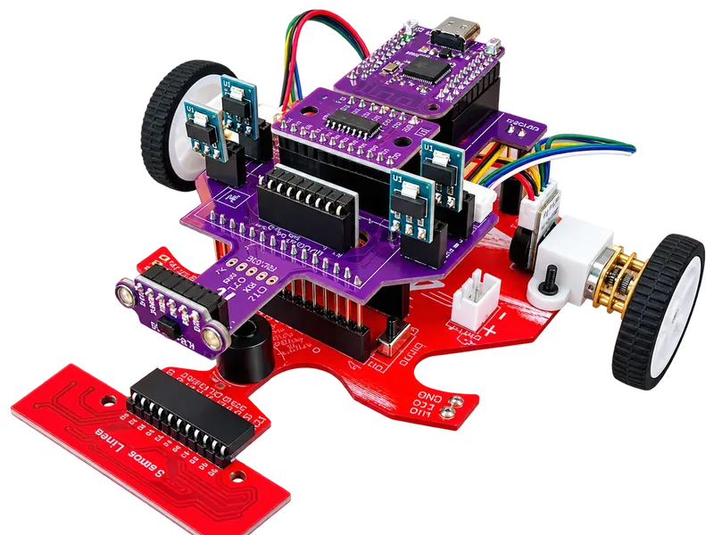 Open Lambda Core: robot de placas apiladas con dos ruedas y barra de sensores, en su versión roja